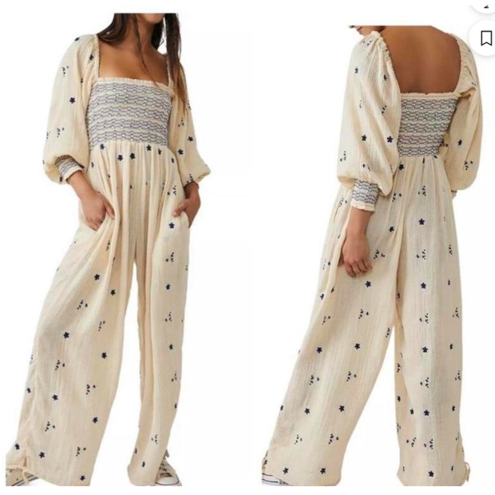 FREE PEOPLE Dahlia Embroidered Jumpsuit Women's Medium Washed Out Cream Gauze